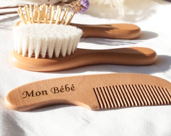 Personalized brushes and comb wooden baby kit birth gift idea