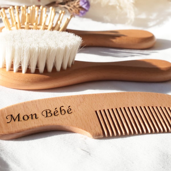 Personalized brushes and comb wooden baby kit birth gift idea