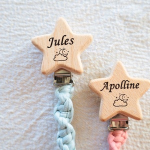 Pacifier clip wood and fabric personalized birth gift