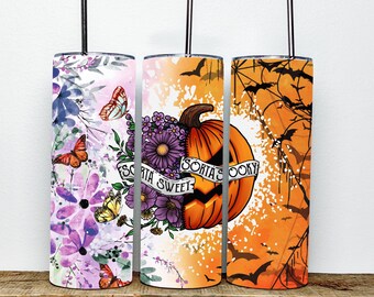 May include: Three stainless steel tumblers with different Halloween-themed designs. The first tumbler features a watercolor-style floral design with butterflies. The second tumbler has a pumpkin with the text "Sorta Sweet Sorta Spooky" and floral accents. The third tumbler has a spooky orange background with bats and spiderwebs.