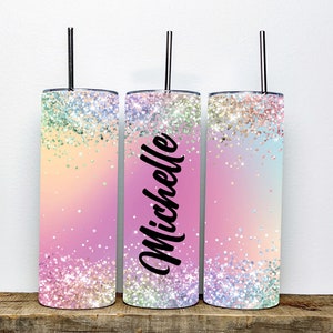 Personalized Sparkly Pastel Rainbow Tumbler| 20oz Tumbler with Faux Glitter | Gift For Her | Pastel Rainbow Tumbler | Custom Tumbler