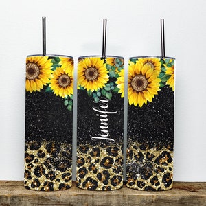 Black Sunflower Personalized 20oz skinny Tumbler - Double Wall Stainless Steel - Personalized w/ Name - 5 - NOT Epoxy