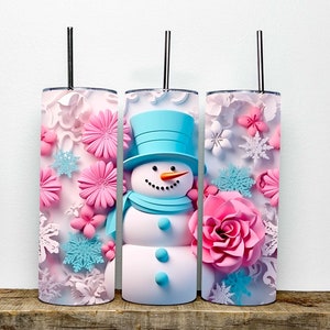 3D Snowmen With Pink Flower Stainless Steel Skinny Tumbler | 20 oz Chirstmas Tumbler | Christmas Gift tumbler