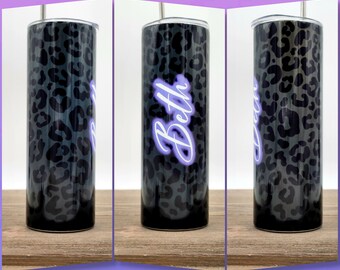 Matte Black Leopard Print Neon Text Bridesmaid Tumblers, Personalized Tumblers, Bachelorette Party Custom Tumblers, 20oz. Skinny Tumblers