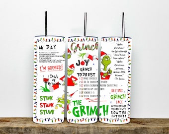 Grinch To Do List  Christmas 20 oz Skinny Tumbler | The Grinch Designs Straight Tumbler | Christmas Stainless Steel 20oz Tumbler With Straw