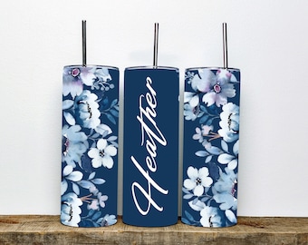 Personalized Blue Flower Tumbler | 20oz Insulated Tumbler with Vibrant Floral Design | Gift For Her| Mother's Day Tumbler | Birthday Gift