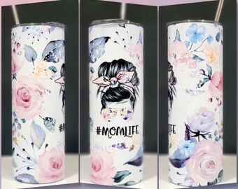 Floral Mom Life/ Vaso de moño desordenado/ Moño de mamá/ Vaso flaco de 20 oz / Vaso / Vaso sublimado inoxidable flaco de 20 oz / Día de las Madres