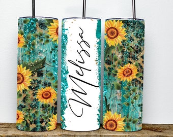 Teal Sunflower Add Your Own Text Name Monogram Sublimation Tumbler Designs Floral