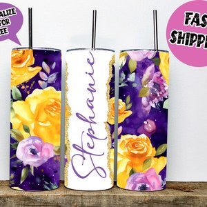 Lila und gelbe Blumen Aquarell Split Tumbler | Benutzerdefinierte Name Bedruckter Becher | 20 Unzen Edelstahl Becher mit Stroh