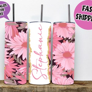 Rosa und Gänseblümchen Blume Split Becher | Benutzerdefinierte Name gedruckt Becher | 20 Unze Edelstahlbecher mit Strohhalm