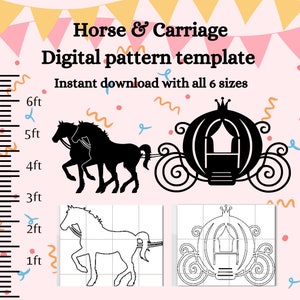 Patrón de caballo y carruaje, tamaño 6, plantilla imprimible en pdf, plantilla de artesanía en madera, vagón, castillo, paquete de plantillas de arte de patio digital