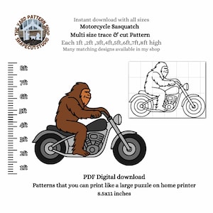 May include: A digital pattern featuring a brown Sasquatch riding a black motorcycle. The image includes a line drawing of the same design and text that reads "Motorcycle Sasquatch" and "Multi size trace & cut Pattern". The pattern is available in sizes up to 8 feet.