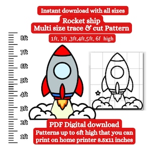 Peut inclure: Un modèle de fusée imprimable en plusieurs tailles, jusqu'à 6 pieds de haut. Le modèle est présenté sur une grille avec une illustration de fusée colorée. Le texte "Téléchargement instantané avec toutes les tailles" et "Fusée multi-tailles à tracer et à découper" est affiché en rouge. Le texte "1ft, 2ft, 3ft, 4ft, 5ft, 6f high" est affiché en noir. Le texte "Téléchargement numérique PDF Modèles jusqu'à 6 pieds de haut que vous pouvez imprimer sur une imprimante domestique 8,5x11 pouces" est affiché en rouge.