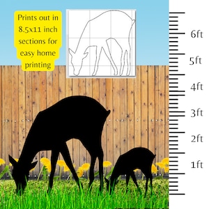 May include: Black silhouette of a deer and fawn standing in a grassy field with yellow dandelions. The deer are facing left and are looking down at the ground. A ruler is on the right side of the image with markings for 1 to 6 feet.