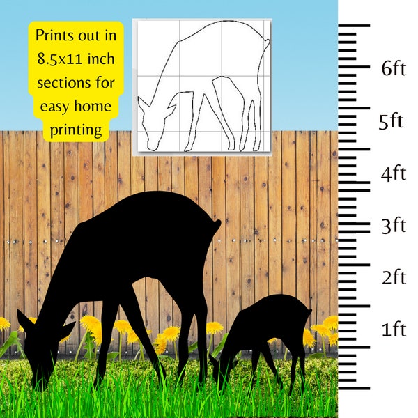 Silhouette de cerf au pâturage de 1 pied à 6 pieds, motif artistique de cour, modèle numérique pdf, pochoir imprimable, renne, scène de forêt, décoration de jardin