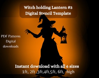 Witch walking with lantern, halloween silhouette template, yard art pdf pattern , printable woodworking pattern, diy yard art ,porch sign