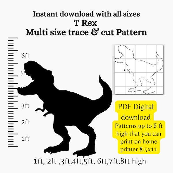 Life size T Rex  Roar PDF pattern stencil, print trace and cut digital stencil, dinosaur bones, archeology template , dinosaur dig party