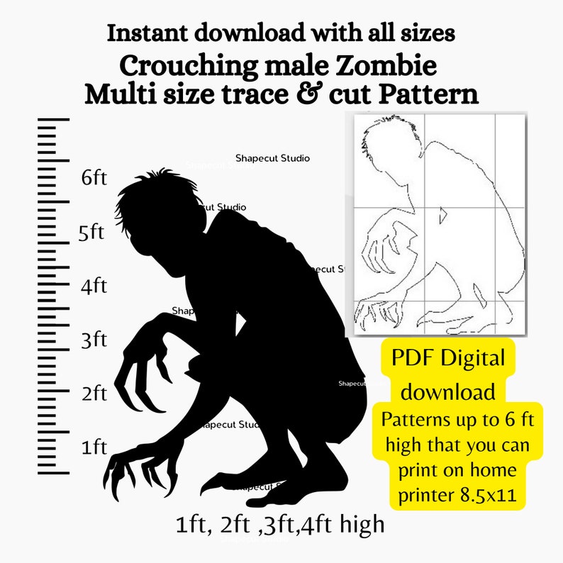 Zombie Ruler 3ft 4ft Male Zombie Crouching Silhouette, Yard Art Pattern Digital ...