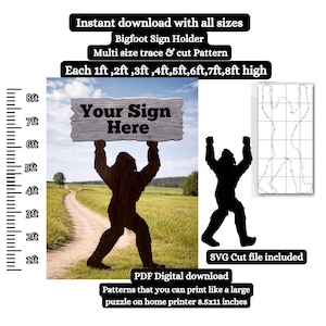 7ft 8ft Bigfoot sign holder Silhouette cutout Template,scroll saw, Sasquatch Stencil bundle , Printable Trace pattern PDF, 8x4 ft plywood