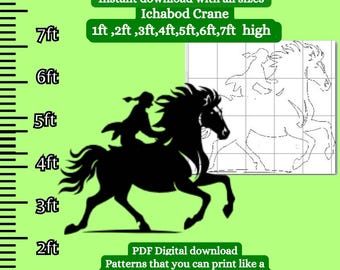 1ft-8ft Garage door silhouette pdf template, Halloween Scene silhouette Headless horseman , halloween window silhouette pattern, diy decal