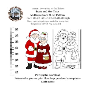 May include: Digital download of a Santa and Mrs. Claus pattern. The image shows a color illustration and a black and white outline of the couple. The text indicates the pattern is available in multiple sizes, from 1ft to 8ft high.