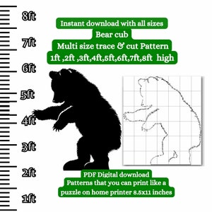 Könnte beinhalten: Schwarze Silhouette eines stehenden Bärenjungen, neben einer rasterförmigen Umrisszeichnung. Text: "Sofortiger Download mit allen Größen" und "Mehrgrößen-Zeichen- und Schnittmuster 0,3m, 0,6m, 0,9m, 1,2m, 1,5m, 1,8m, 2,1m, 2,4m hoch".