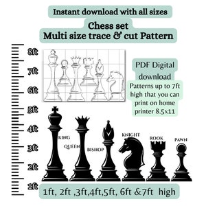 Pièces d'échecs DIY géantes, modèle, trace et découpe imprimables, découpes de 3 pieds, 4 pieds, 5 pieds, 6 pieds, motif de menuiserie découpé, accessoires de tournoi