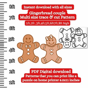 May include: Printable gingerbread couple pattern in multiple sizes, from 1 to 8 feet tall. The pattern is designed to be printed on a home printer and cut out. The image shows a brown gingerbread man and a pink gingerbread woman.