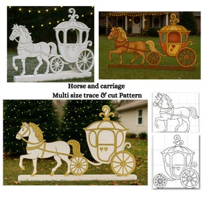 Patrón de caballo y carruaje de cuento de hadas, 8 tamaños, plantilla imprimible en PDF, plantilla de carpintería, carro, castillo, paquete de plantillas de arte digital para jardín SVG