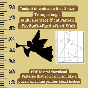 Può includere: Un download digitale di un modello di angelo con tromba in diverse dimensioni, da 1 a 8 piedi. Il modello è progettato per essere stampato su una stampante domestica e ritagliato per progetti di artigianato. L'immagine mostra una silhouette nera dell'angelo e un contorno a griglia del modello.