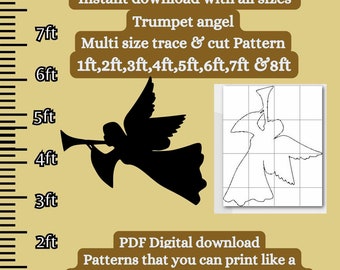 May include: A digital download of a trumpet angel pattern in multiple sizes, from 1 to 8 feet. The pattern is designed to be printed on a home printer and cut out for crafting projects. The image shows a black silhouette of the angel and a gridded outline of the pattern.