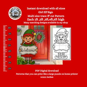 Plantilla para exhibición de arte de jardín navideño de niña elfa, con letrero, plantilla PDF imprimible, carpintería, coroplast, plantilla digital