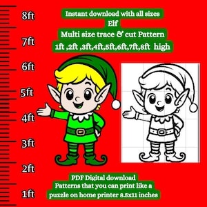 May include: Printable pattern of an elf in green and black with a yellow hat. The pattern is available in eight sizes, from 1 foot to 8 feet tall. The pattern is designed to be printed on an 8.5x11 inch home printer.