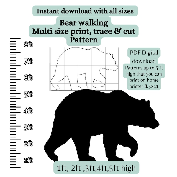 Life size 4ft 5ft high majestic Bear silhouette Printable trace and Cut Christmas Templates, Stencil PDF woodworking pattern, scrollsaw