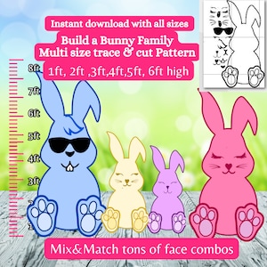 May include: A digital download pattern for creating a bunny family. The pattern includes six different sizes of bunnies, ranging from 1 foot to 6 feet tall. The bunnies are shown in blue, yellow, pink, and purple colors. The pattern includes a variety of face options, allowing for customization. The text "Mix & Match tons of face combos" is included in the image.