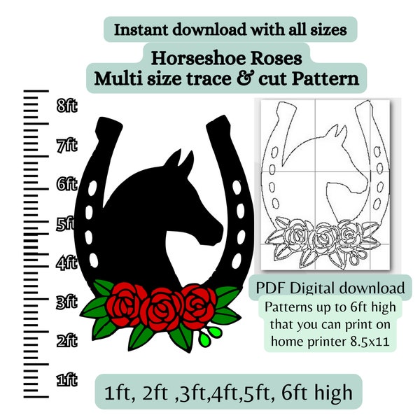 Kentucky Derby silhouette pattern horse shoe,rose ,Diy print, trace and cut, pdf trace and cut pattern, digital stencil, woodworking stencil