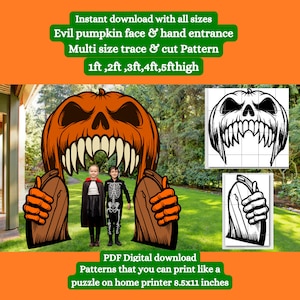 Może przedstawiać: Drukowany wzór wejścia z dynią z przodu i ręką na Halloween. Wzór jest dostępny w kilku rozmiarach: 1 stopa, 2 stopy, 3 stopy, 4 stopy i 5 stóp wysokości. Wzór został zaprojektowany do drukowania na domowej drukarce, 8,5 cala na 11 cali.