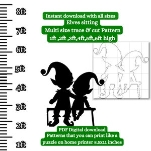 Patrón ampliado de siluetas de elfos navideños de 1 pie y 5 pies, plantilla de esténcil imprimible en PDF, carpintería, recorte de cartón, arte de jardín, plantilla digital