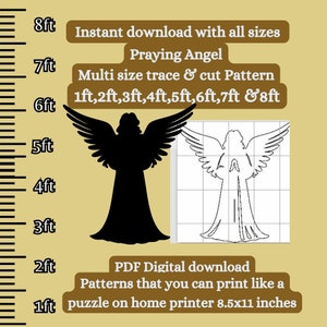 Puede incluir: Una descarga digital con una silueta negra de un ángel orando con las alas extendidas y un dibujo lineal del mismo ángel. El texto incluye "Praying Angel" y opciones de tamaño de 0,3 m a 2,4 m. La imagen también indica "Descarga instantánea con todos los tamaños."