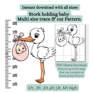 Cigogne tenant un bébé, modèle de faire-part de carte de jardin, motif de trace et de découpe pdf, pochoir numérique, décoration de baby shower, pochoirs à bois