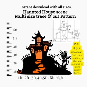 May include: A printable pattern for a haunted house scene. The pattern includes a black silhouette of a house with orange windows and a walkway, a tree with branches, and a fence. The pattern is available in multiple sizes, up to 6 feet tall. The text "PDF Digital download Patterns up to 6 ft high that you can print on home printer 8.5x11" is also included.