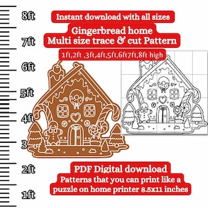 等身大のジンジャーブレッドハウス、型紙PDFテンプレート、印刷可能なトレース＆カット、クリスマスシルエットテンプレート、ステンシルPDFヤードアートプラン