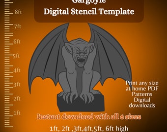 May include: A digital stencil template of a grey gargoyle with wings, sitting on a stone base. The template is available in six sizes, from 1 foot to 6 feet high. The image includes a ruler to show the different sizes.