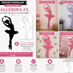 Puede incluir: Un patrón digital de bailarina para calcar y cortar, con una silueta que escala de 30 cm a 244 cm de altura. Incluye un contorno de cuadrícula, instrucciones de descarga en PDF y ejemplos visuales como pintura mural, recorte de madera, mosaico de globos y expositor.