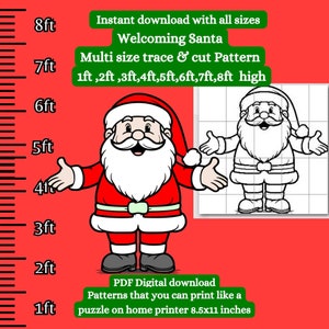 May include: A digital download pattern of a cartoon Santa Claus in red and white, with a white beard and a welcoming expression. The pattern is available in multiple sizes, from 1 to 8 feet tall, and can be printed on a home printer. The image includes a ruler to show the different sizes.