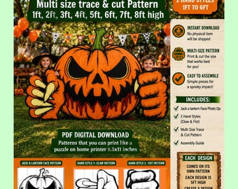 May include: A digital PDF pattern for a Jack-o'-lantern face photo op, featuring a large orange pumpkin with a jagged mouth and two hand styles, a claw and a fist. The pattern includes multi-size trace and cut options from 30cm to 244cm high.