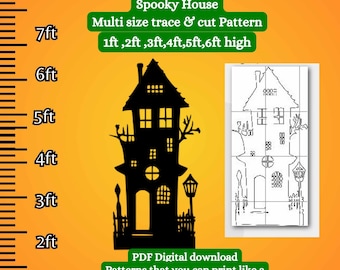 May include: A printable pattern for a spooky house, with multiple sizes from 1 to 6 feet tall. The pattern is designed to be printed on an 8.5x11 inch home printer and assembled like a puzzle.