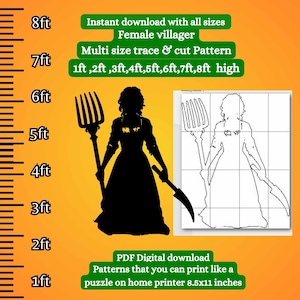 Silhouette artistica da giardino di Halloween, modello PDF di donna zombie, casa colonica di villaggio infestato, silhouette di finestra di Halloween, decalcomania, 4 piedi 5 piedi 6 piedi
