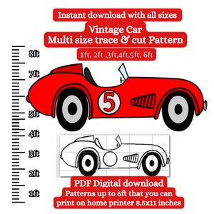 Plantilla PDF de patrón de utilería Vintage Race Car de tamaño natural, traza y corte imprimibles, plantilla de silueta de carreras, plantillas, proyecto de carpintería