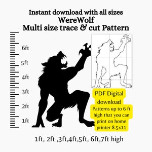 Life size 6ft 7ft Halloween werewolf Wolf man graveyard silhouette template,  woodworking pattern, halloween Scene window silhouette pattern